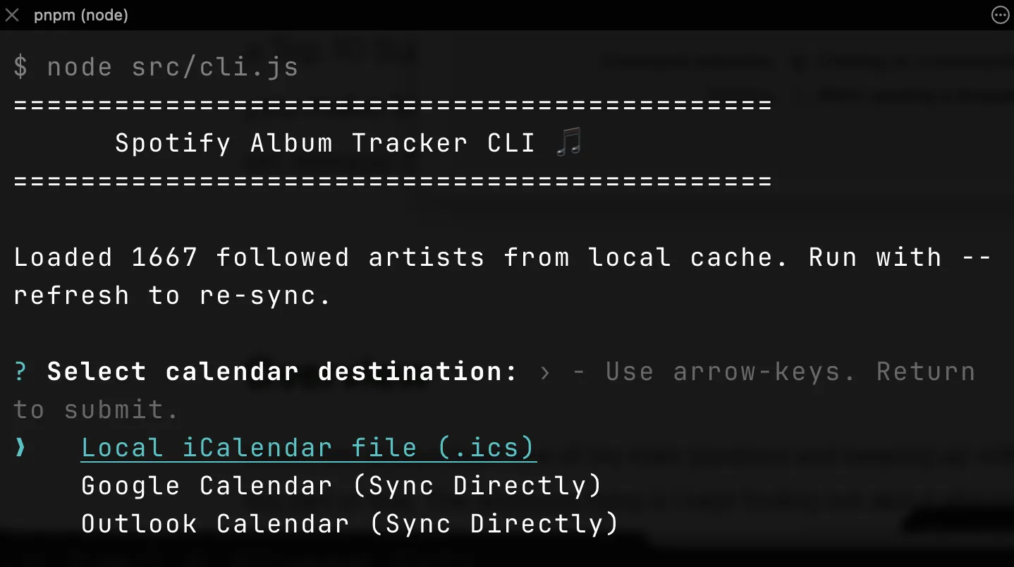 Album Tracker CLI booting from the local cache and asking where releases should go