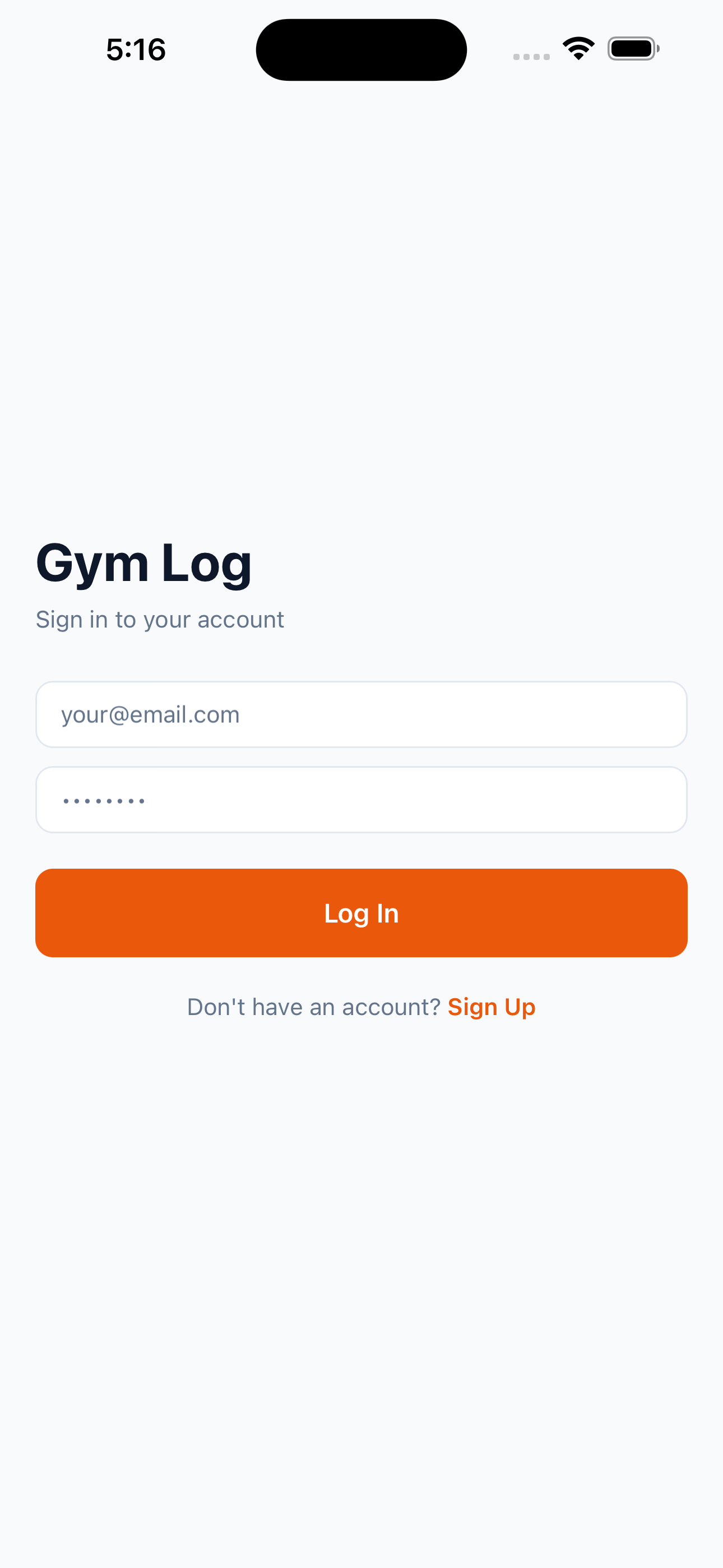 Gym Log login screen